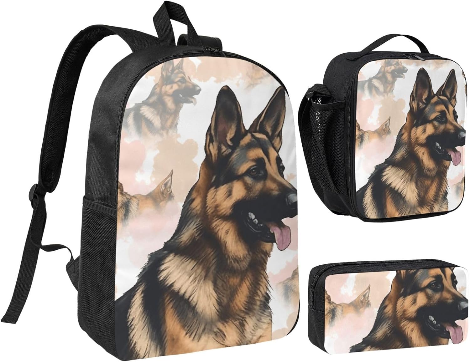 3PCS German Shepherd Dog Lovers Backpack Set with Insulated Lunch Box Pencil Pouch, 17inch Lightweight Laptop Bags Shoulder Lunch Bag and Pencil Case Bag 3-in-1 Set
