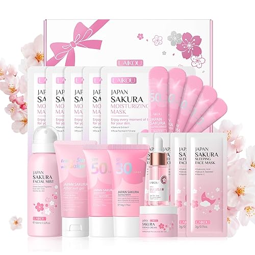 LAIKOU Sakura Sun Care Set, Skincare Set with SPF30 & 50 Sunscreen, Hydrating Mist, After-Sun Gel, Serum, Cream, Sheet & Sleeping Masks, Lightweight & Travel-Friendly, Non-Sticky, UVA/UVB Protection - Sunscreen Set