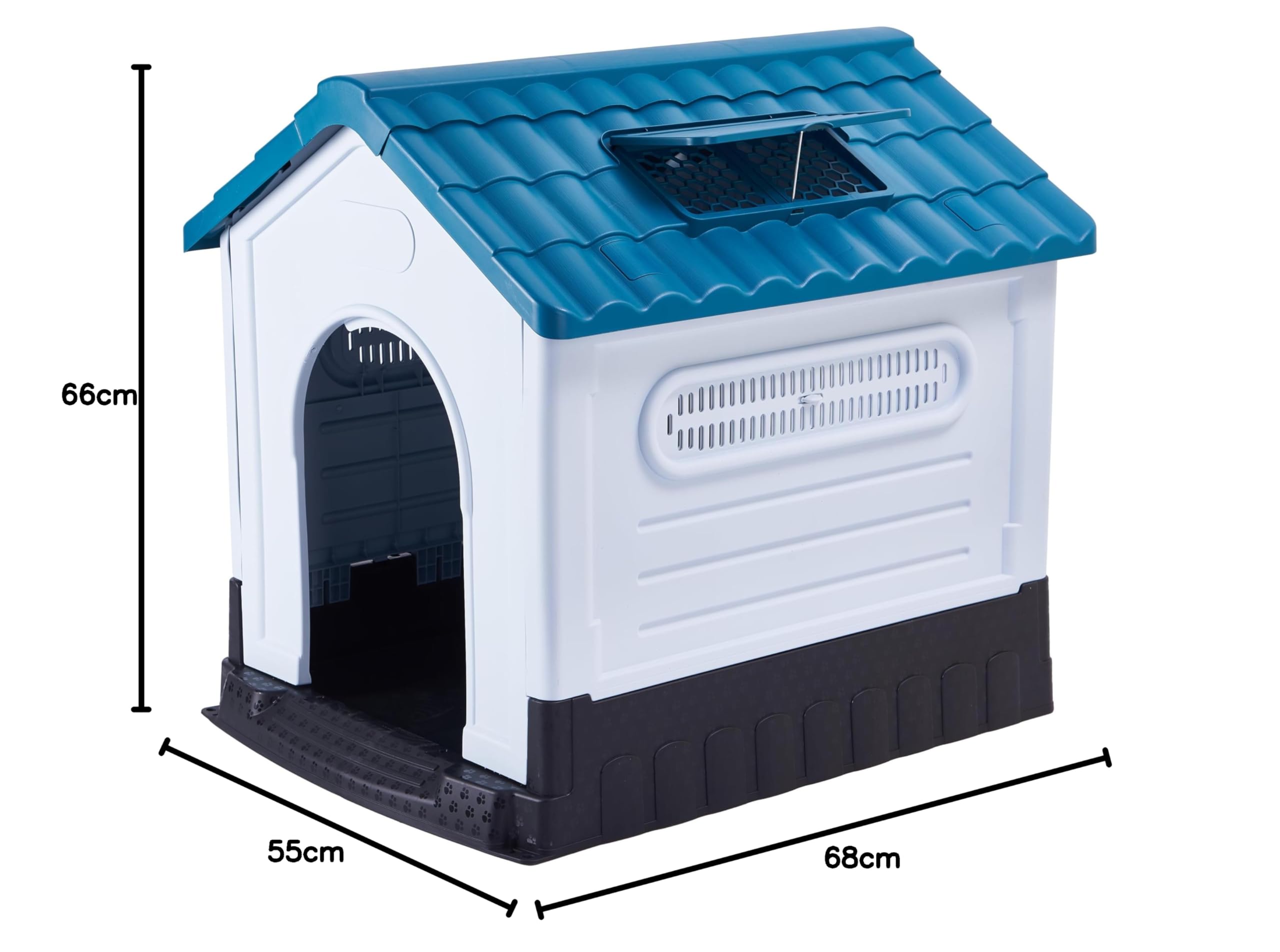 Lanco - Caseta para Perros Pequeños con Techo corredizo Regulable. Uso Interior y Exterior con ventilación. Material Resistente. 68x55x66cm. Azul y Blanco.