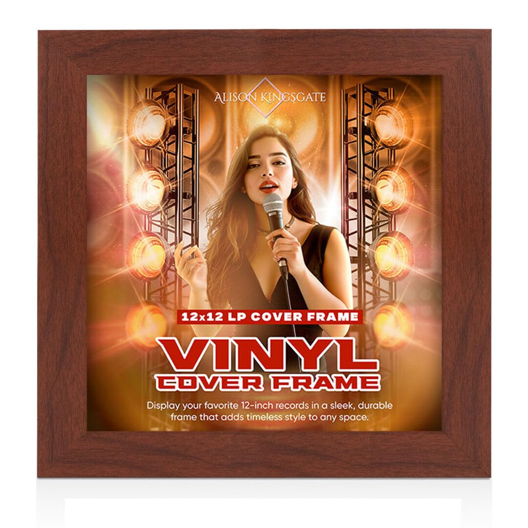Alison Kingsgate 12x12 Rose Wood Vinyl Record Frame - Display Modern Frames for LP Album Covers & CDs - Engineered Wood with Shatterproof Perspex Front - Gift for Music Lovers