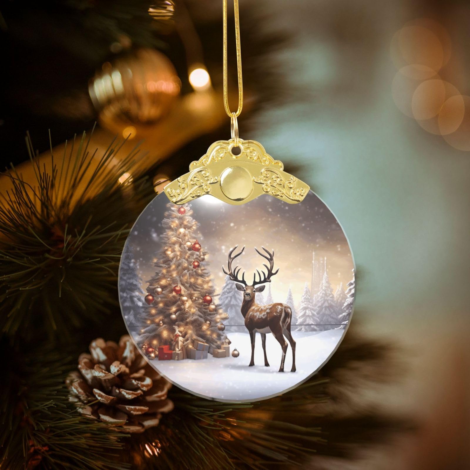 Crystal Christmas Ornaments for Christmas Tree Decoration Hanging Christmas Tree and Reindeer Ornament with Gold Ribbon Crafts Round Pendant for Keepsake Gifts Glass Xmas Decor Party Supplies