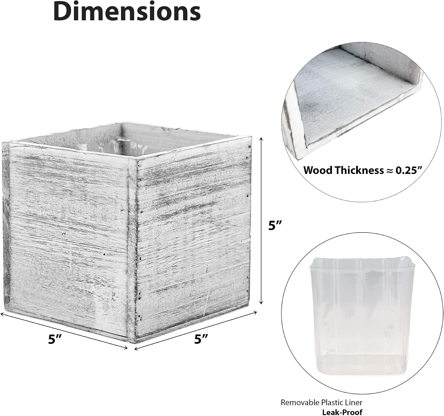 CYS EXCEL 2 PCS 5" White Cube Planter Box with Removable Plastic Liner | Multiple Choices Natural Wood Square Planter | Indoor Decorative Window Box image 2