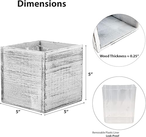 Miniatura 2 de CYS EXCEL 2 macetas de cubo blanco de 5 pulgadas con forro de plástico extraíble  Múltiples opciones de maceta cuadrada de madera natural  Caja de