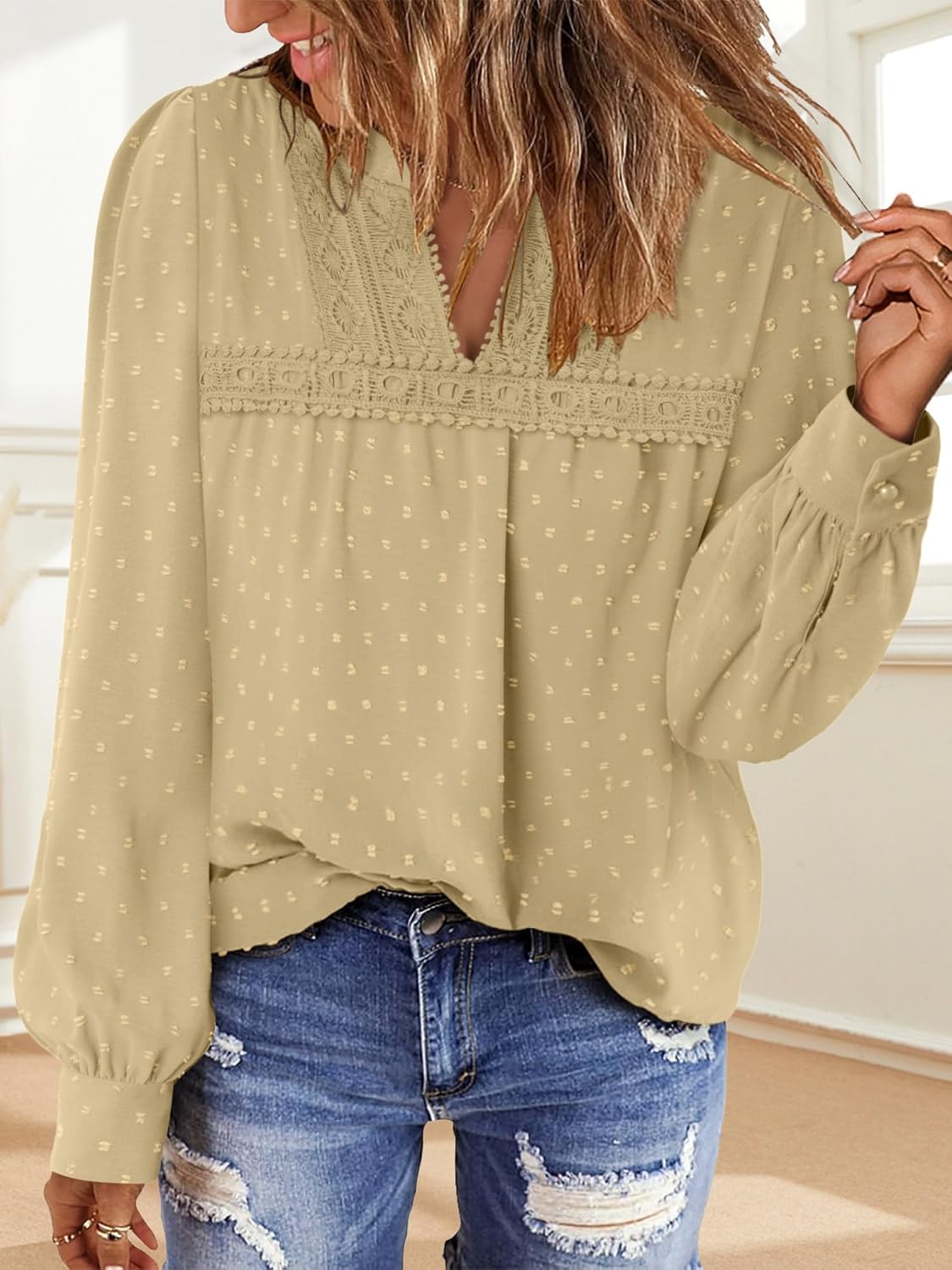 BETTE BOUTIK Womens Boho Fall Fashion Tops Long Sleeve Casual Shirts Flowy Swiss Dot Blouses - Image 4