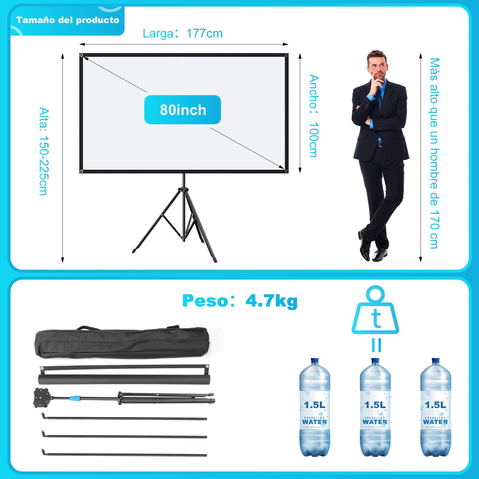 VISULAPEX 80" ALR Pantalla Proyector con Trípode, 16:9 Tela Proyector Portátil, para Interior y Exterior Cine en Casa Camping Eventos Recreativos