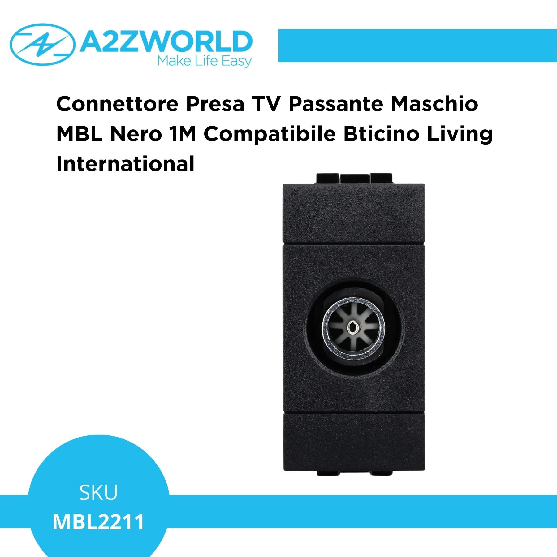 10 Pezzo Connettore Presa TV Passante Maschio, Compatibile con Bticino Living International, Colore Nero, Serie MBL, 1 Modulo