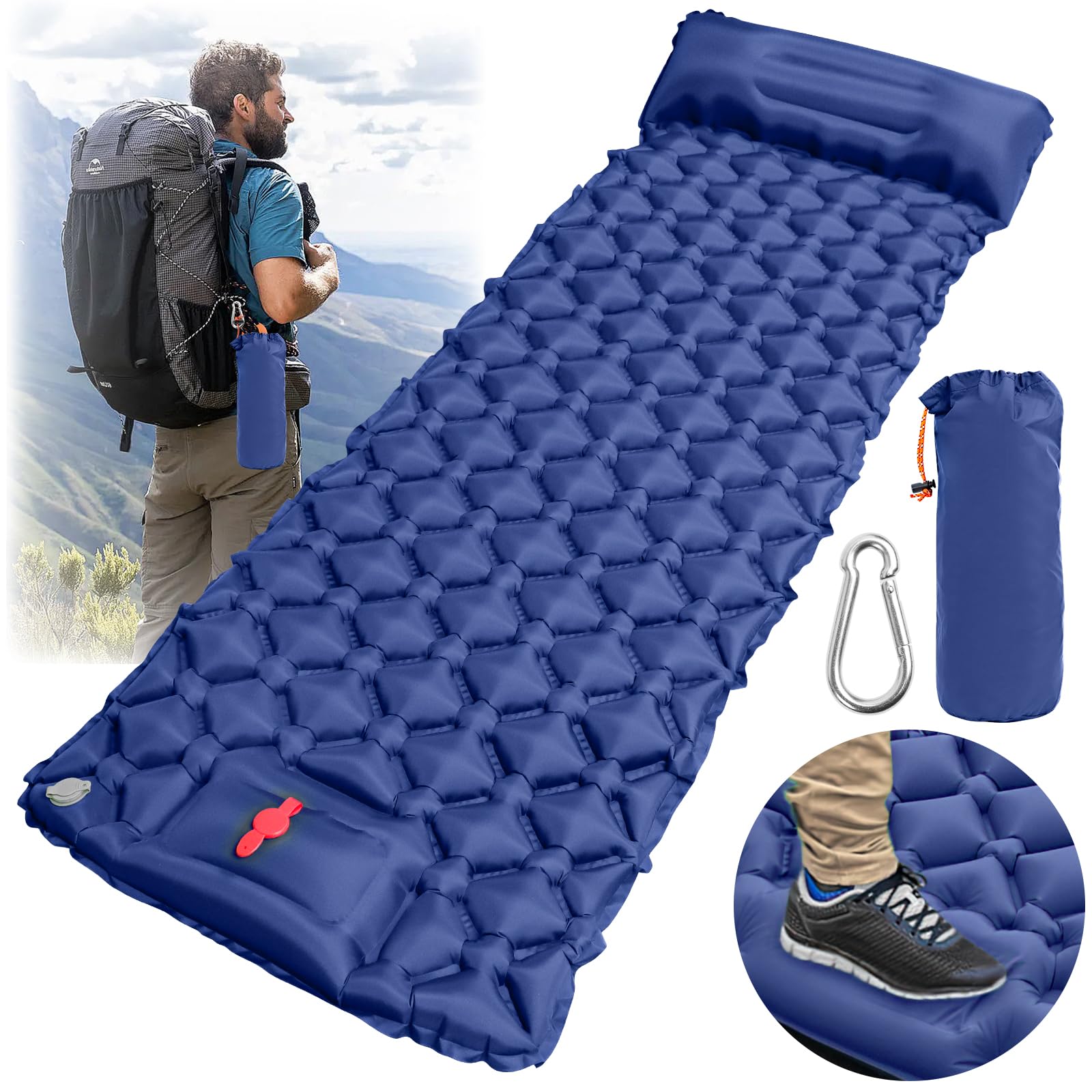 Matelas Randonnée Ultra-léger PRZRAO – Autogonflant 190x57x5 Cm, Pompe à Pied Intégrée, 730 G, Compact