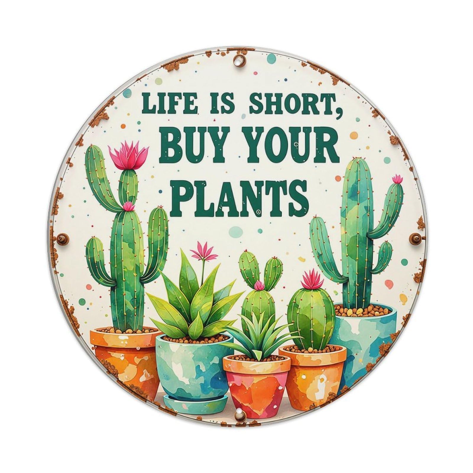 Cactus Plants In Pots With Flowers Retro Metal Sign Round Tin Sign, Vintage Decor Art Poster for Bar, Home, Man Cave, Kitchen, Laundry Room Gift 8x8Inch