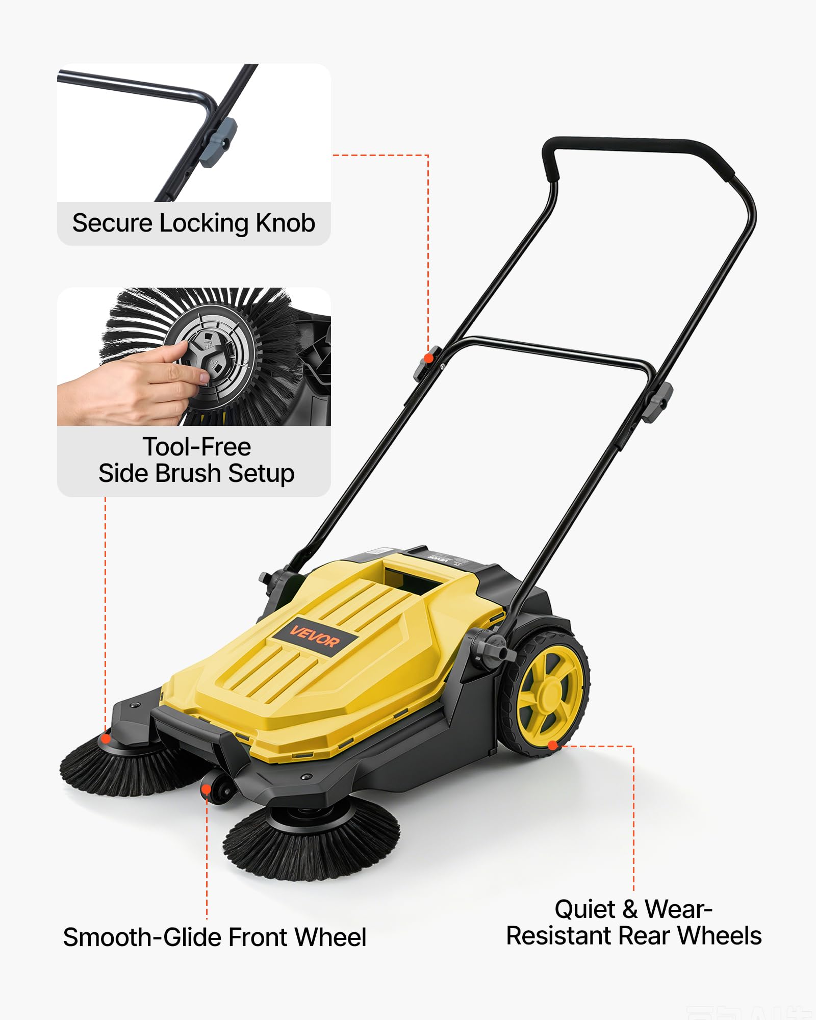 VEVOR Kehrmaschine Manuell, Handkehrmaschine mit 650 mm Arbeitsbreite, 18,9-L-Kehrbehälter & Verstellbarem Klappgriff, Bodenreinigungsmaschine für Höfe, Gehwege, Terrassen & Garagen – Gelb
