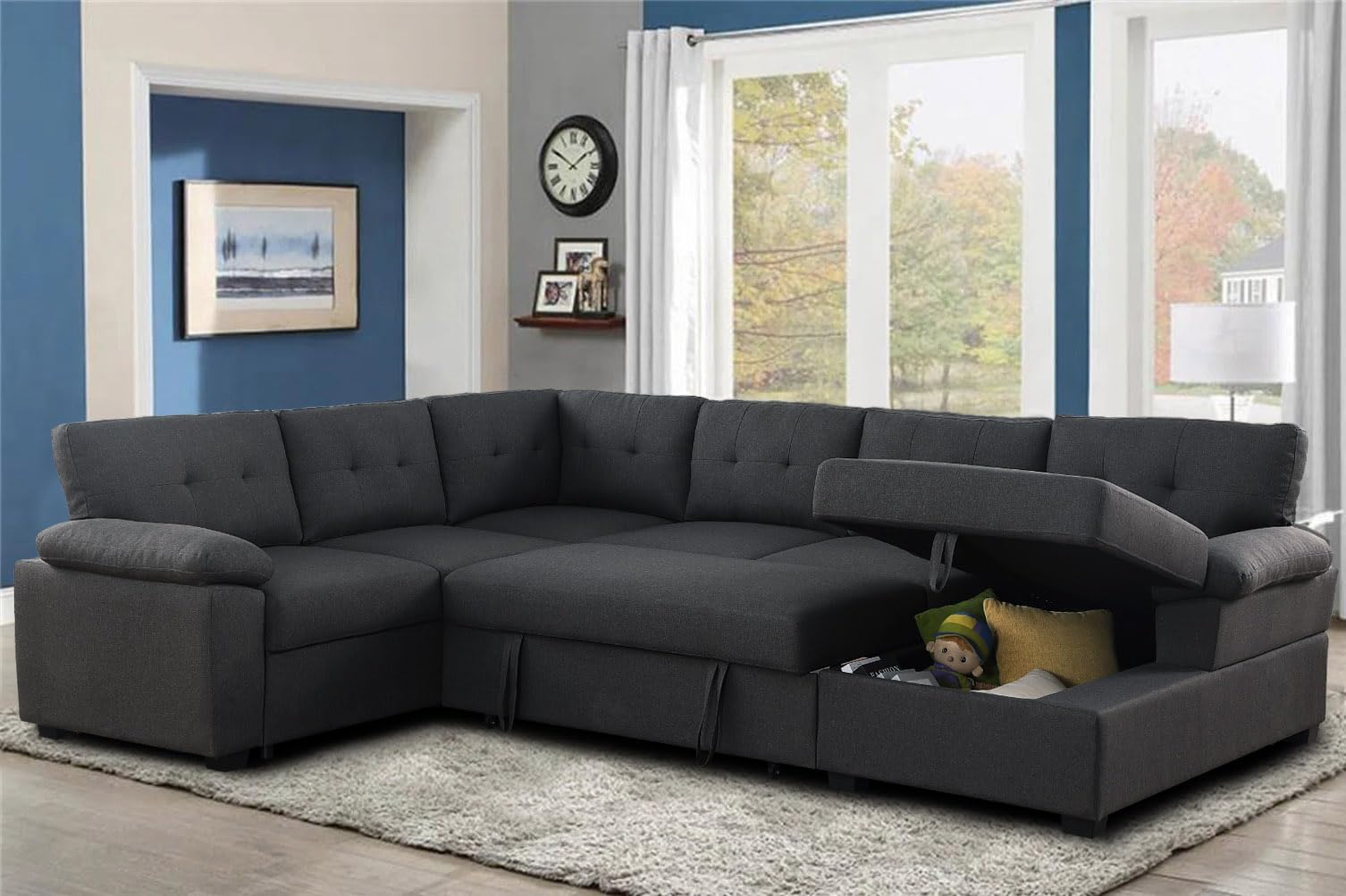 Sectional Sleeper Sofa with Pull Out Bed U Shaped with Storage Chaise Fabric Modern 6 Seater Dark Grey
