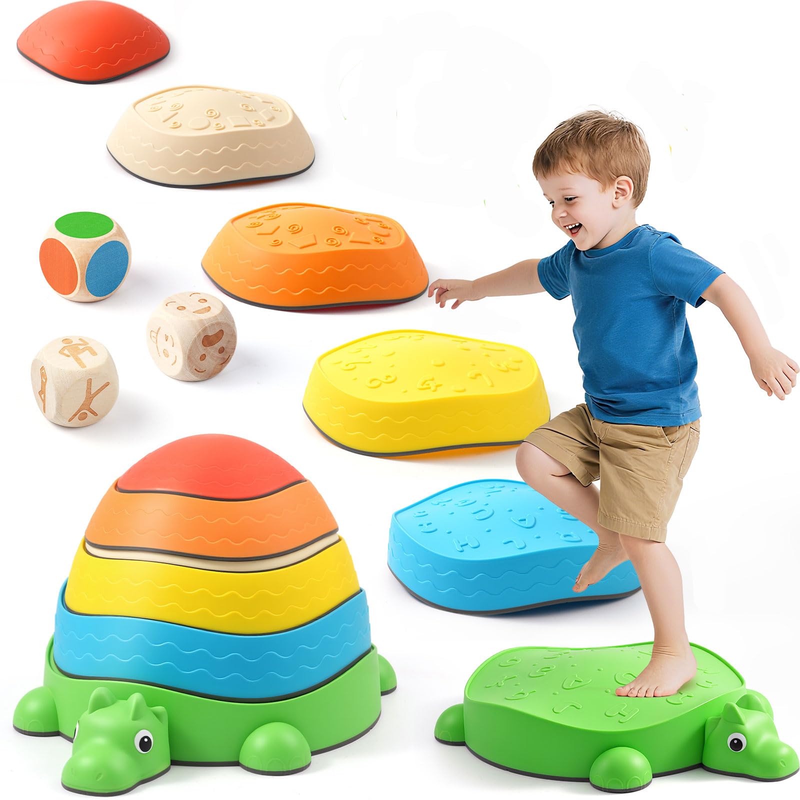 Yeeammk Stepping Stones for Kids, 6 Dinosaur Balance Stones with 3 Action Emotion Color Dice, Non-Slip Sensory Toys for Autism, Outdoor Indoor Toys for Toddlers 3+ with Storage Bag, 265lbs Capacity