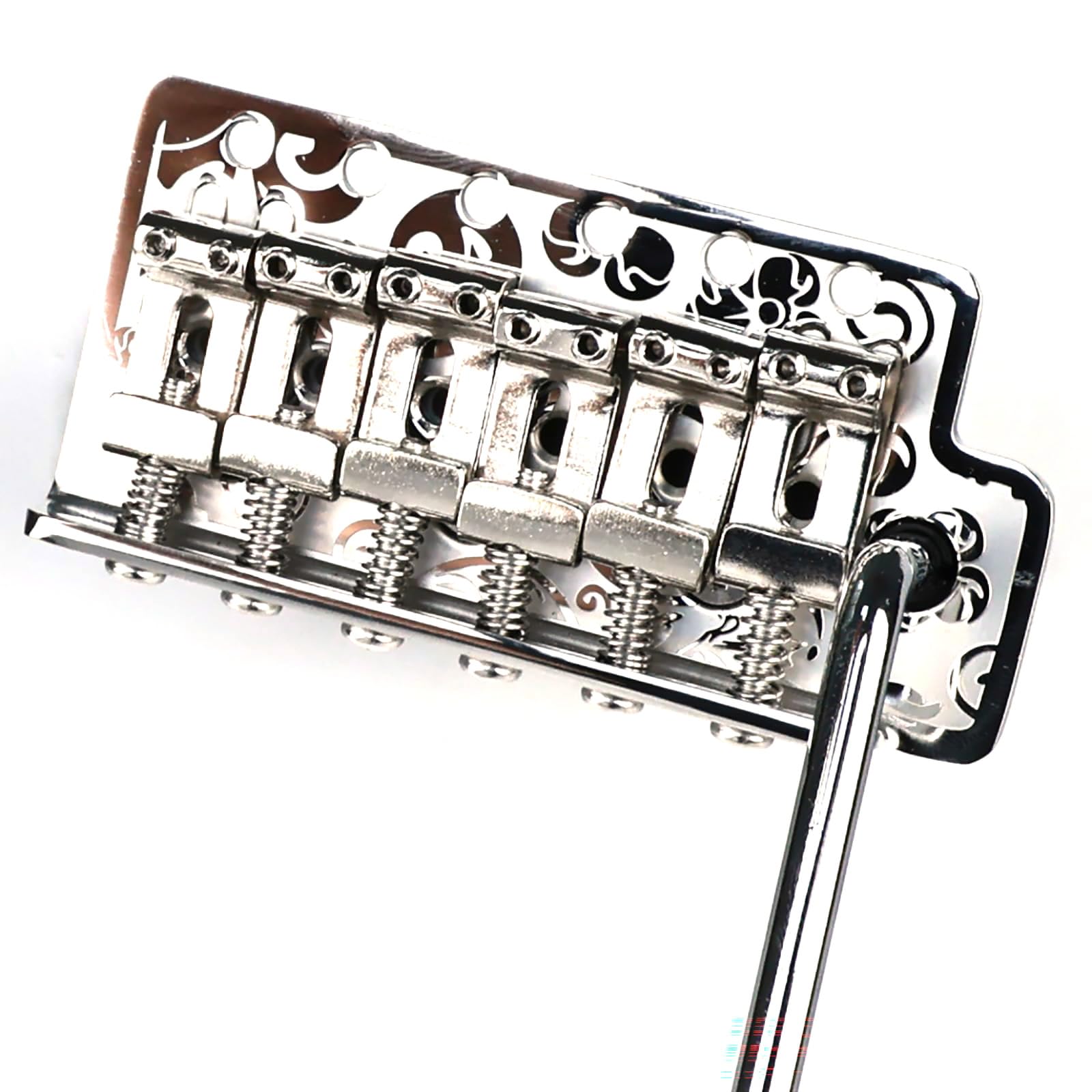 OVSAL Engraved 6 Point Start tremolo bridge,10.5mm String Spacing, Stainless Steel Plate Saddles & Zinc Block,6 String Electric Guitar Replacement Bridge for Stratocaster Style Chrome