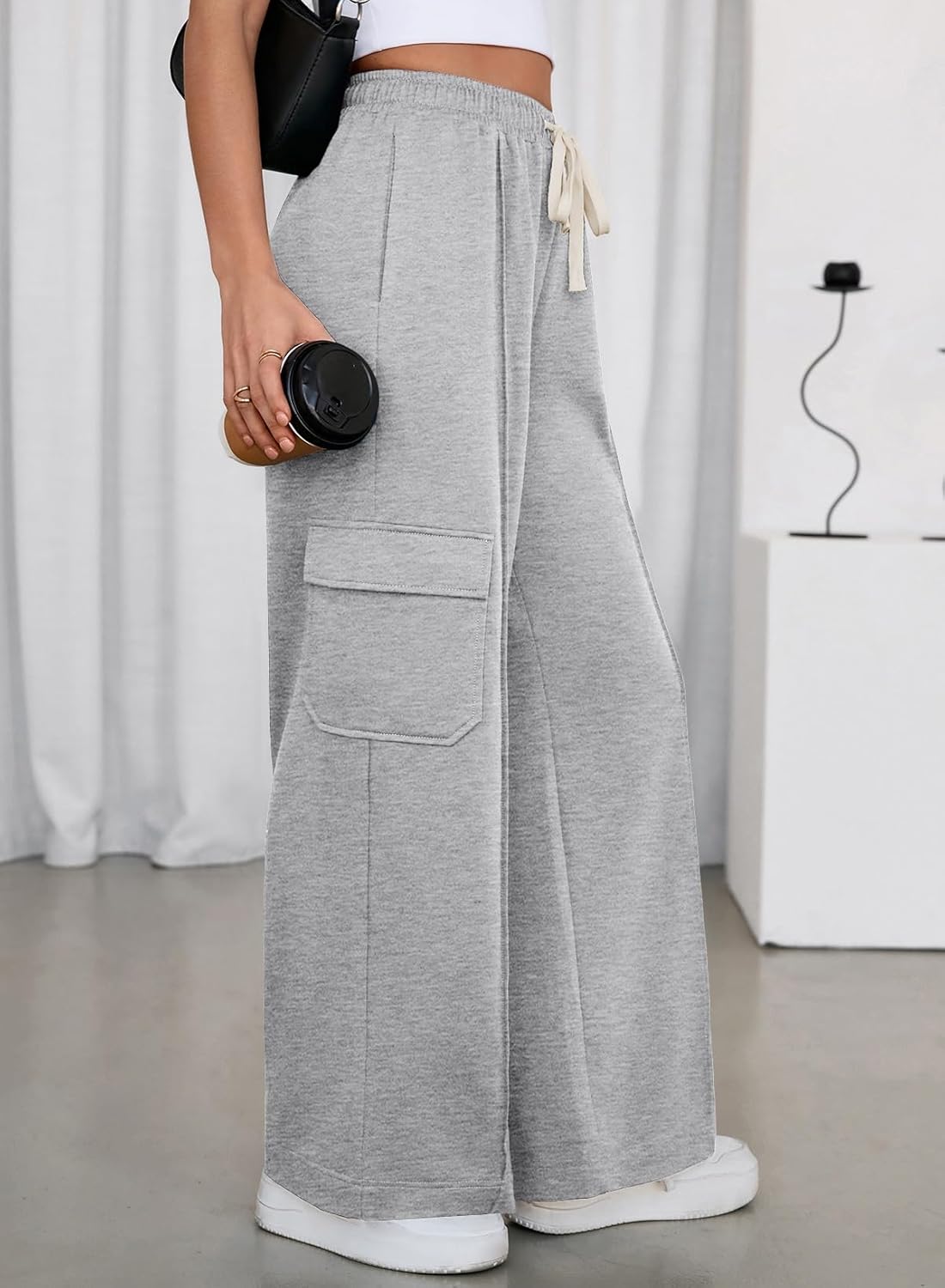 Aleumdr Women's Wide Leg Cargo Sweatpants Casual Loose Pants Drawstring High Waisted Baggy Lounge Pants with Pockets - Image 2