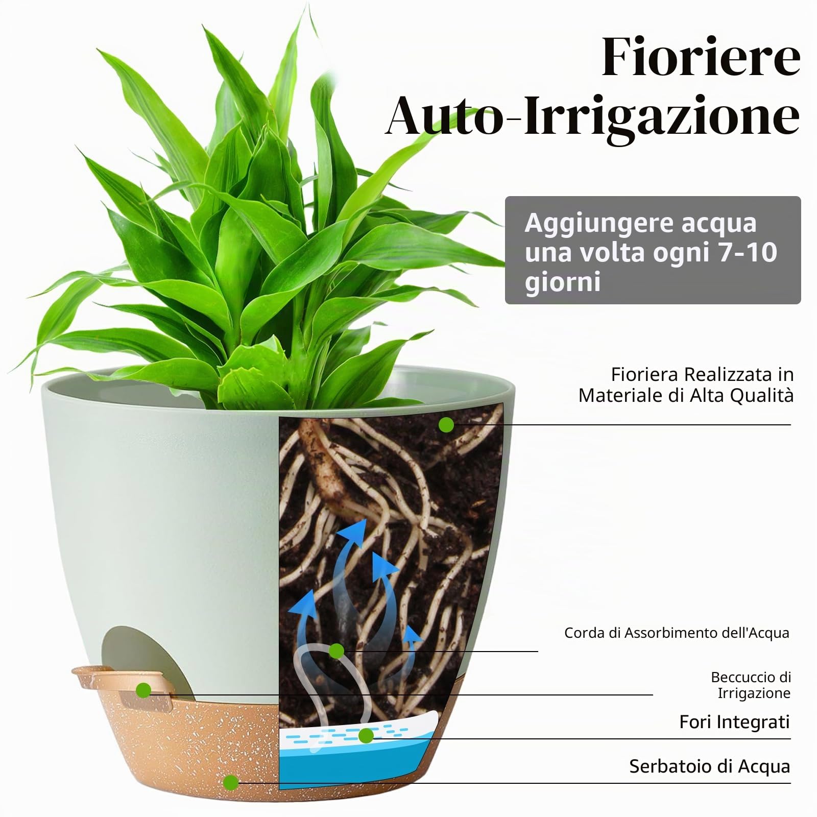 3Pack 30.5+25.4+22.86CM Vasi per piante autoinnaffianti per persone pigre, fioriera autoinnaffiante in plastica verde per tutte le piante d'appartamento, succulente, violette africane, fiori e cactus