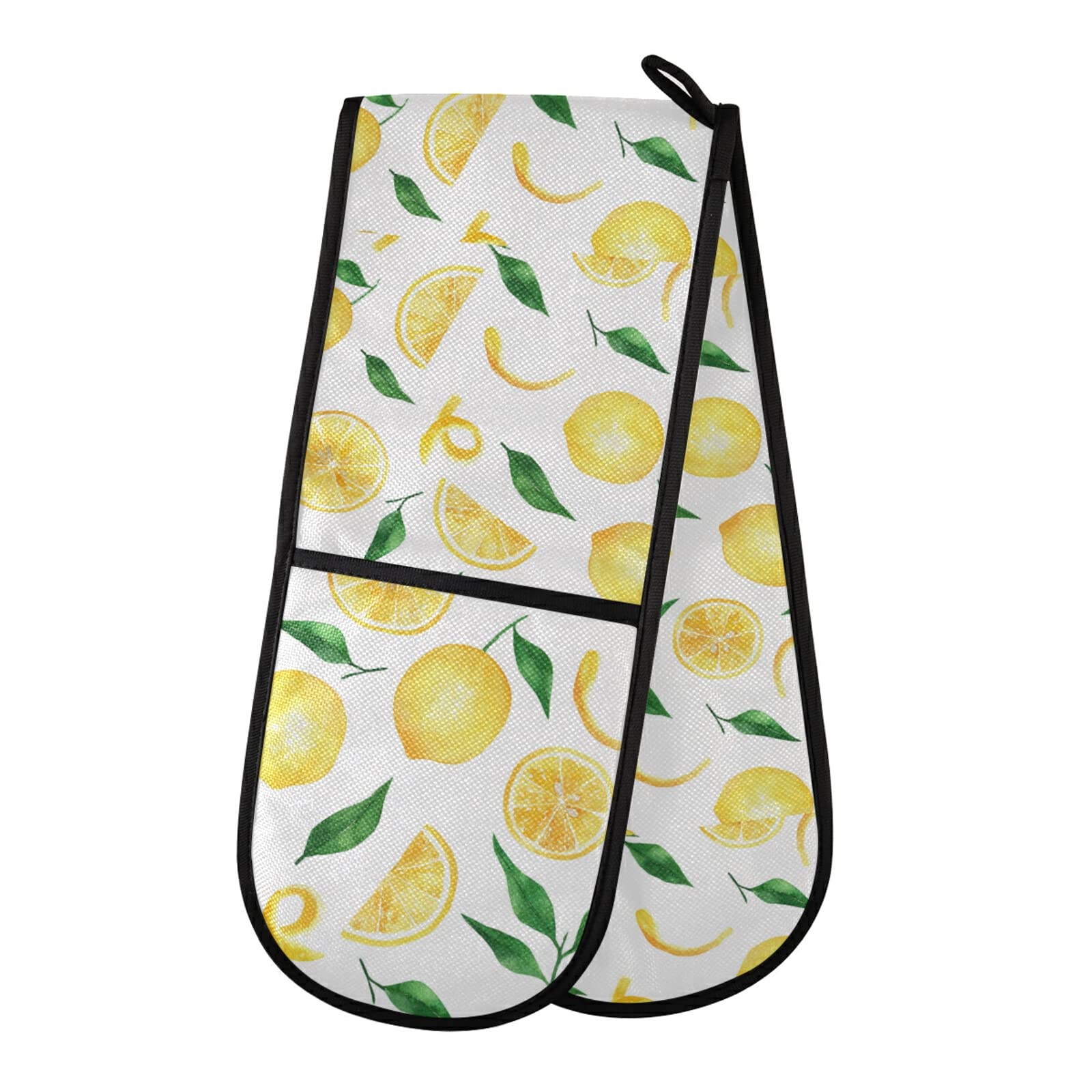 Seamless Yellow Lemons Slices Green Leaves on White Double Oven Mitt Gloves Extra Long Potholder High Heat Resistant for Baking Cooking Baking Grilling Handling Hots Pans 35"x7"