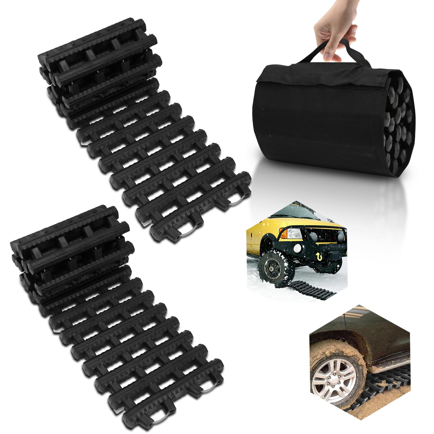 2er-Set Auto Anfahrhilfe, 100 x 21 cm Traktionshilfe, Schwerlast Gummi Traktionsmatte, Anfahrtshilfe Set mit Tragetasche, Offroad Anfahrmatte Sandblech für Schnee, EIS, Schlamm