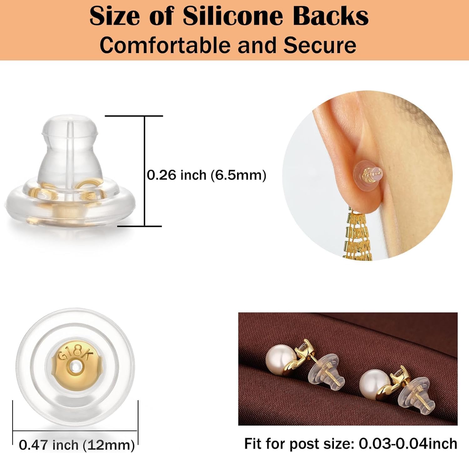 DELECOE Locking Silicone Earring Backs for Studs Droopy Ears Hoops Wires,Hypoallergenice Secure Earring Backs for Heavy Earring,No-Irritate Soft Clear Backings for Women Men（Gold