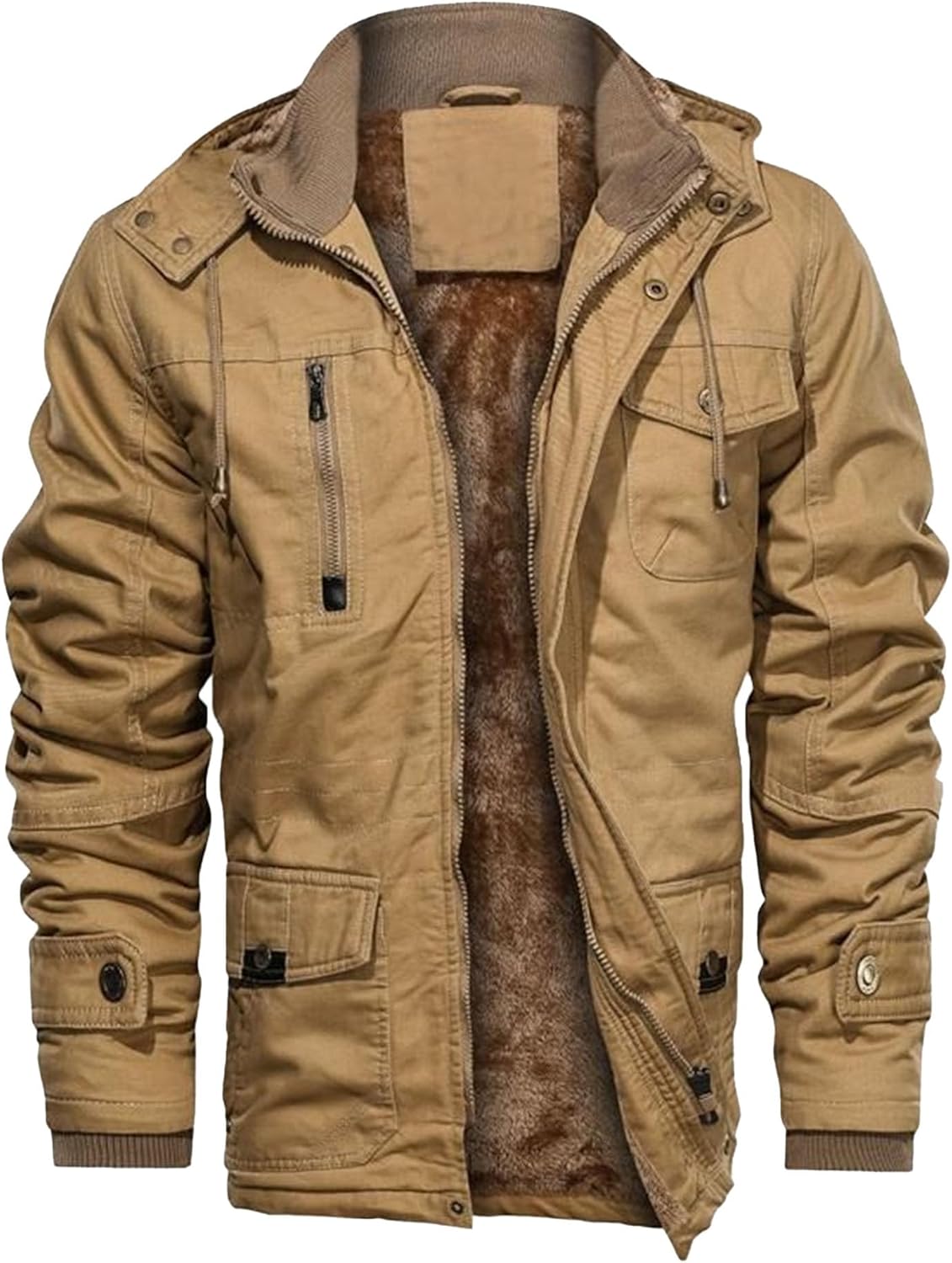 Men's Zipper Winter Jacket Fleece Lined Thick Work Warm Cargo Coats Cotton Military Jackets with Hooded