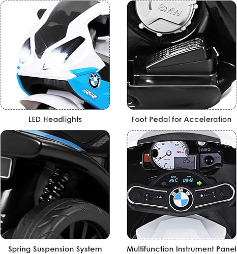 Miniatura 21 de Costzon Motocicleta eléctrica para niños con faros delanteros y música, pedal, licencia BMW de 6 V, funciona con batería, 3 ruedas, juguete de Negro