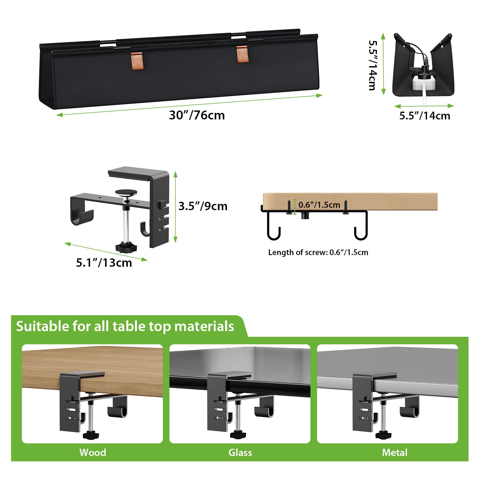 KEEGH Kabelkanal Schreibtisch Ohne Bohren, 76cm Unter dem Kabelmanagement Schreibtisch - Klemmen/Schraubmontage, Stoff-Kabelkanal für Gaming-PCs und Kabelverstecker für Büro & Zuhause, Schwarz