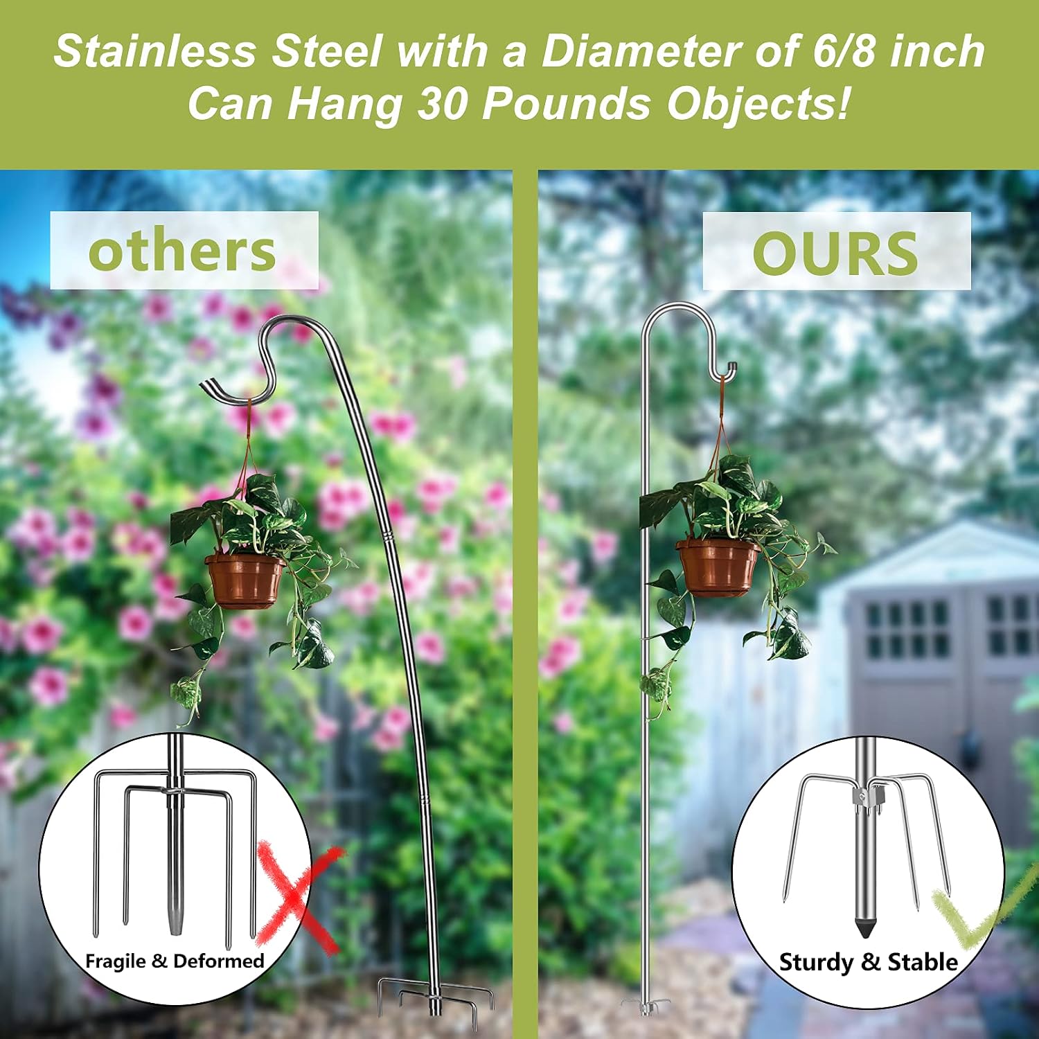 Bird Feeder Pole，Only 3 Solid Spikes .78 inch Adjustable Outdoor Silver Stainless Steel Shepards Hook, 6/8 inch Thick Pole, Outside Garden Sheppard Hooks for Bird Feeders Stand, Hanger, Plants