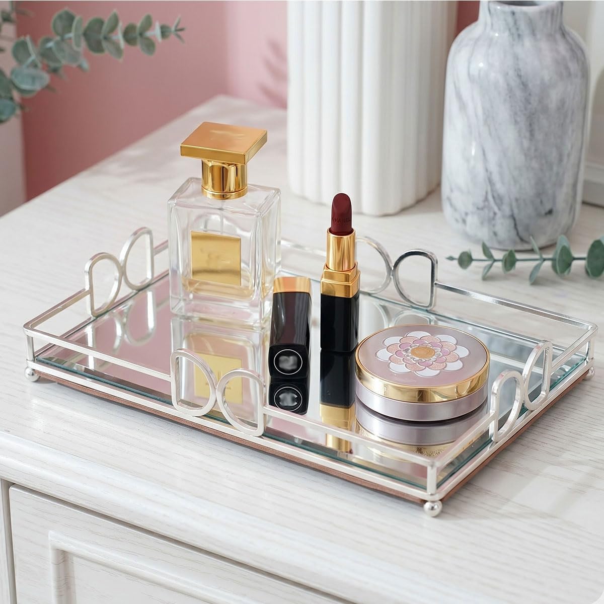 AYEDEY Silver Mirrored Vanity Tray for Dresser, Double-D Perfume Tray Organizer, Decorative Glass Bathroom Counter Tray for Makeup & Jewelry, 12x8x2in