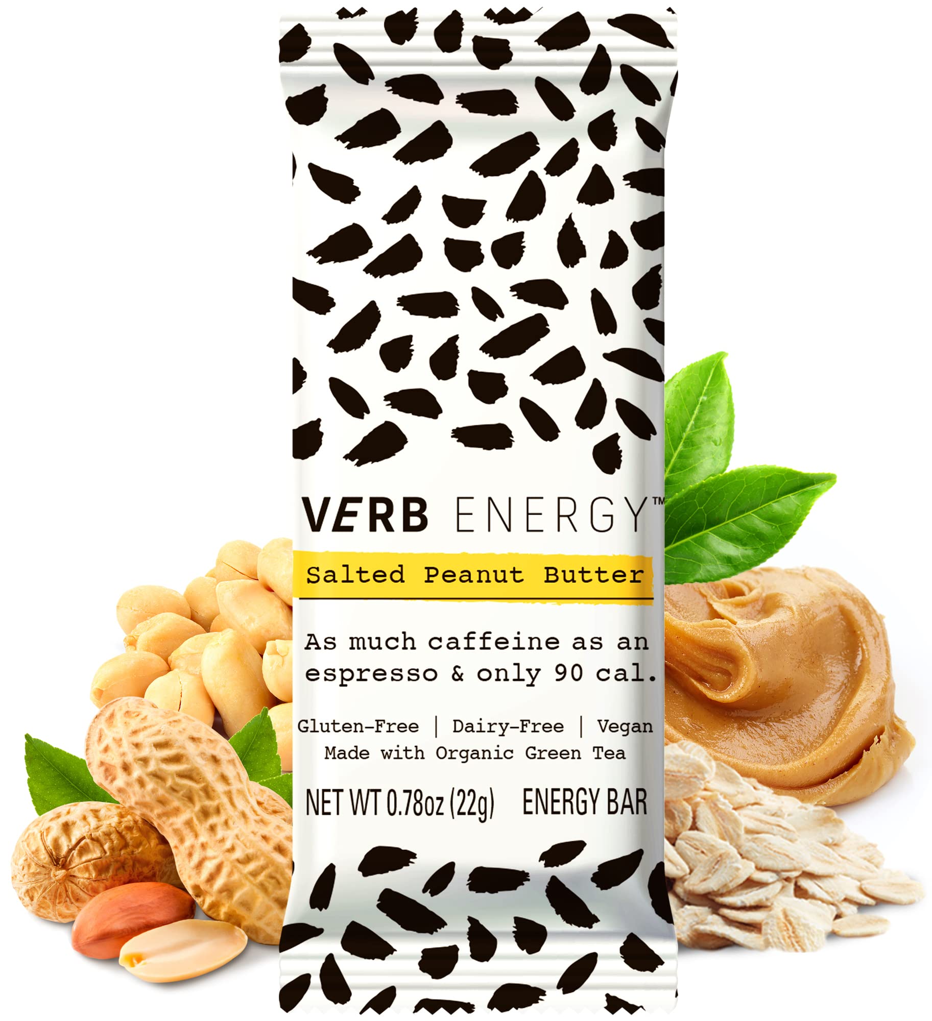 Verb Salted Peanut Butter Caffeinated Energy Bars - 90-Calorie Low Sugar Energy Bar - Delicious Nutrition Bars - Vegan Snacks - Gluten Free Breakfast Bars with Organic Green Tea, 22g (Pack of 12)