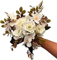 Kit 2 Buquês de Rosas Com Hortênsias Folhagens Artificial Decoração Casa (Branco)