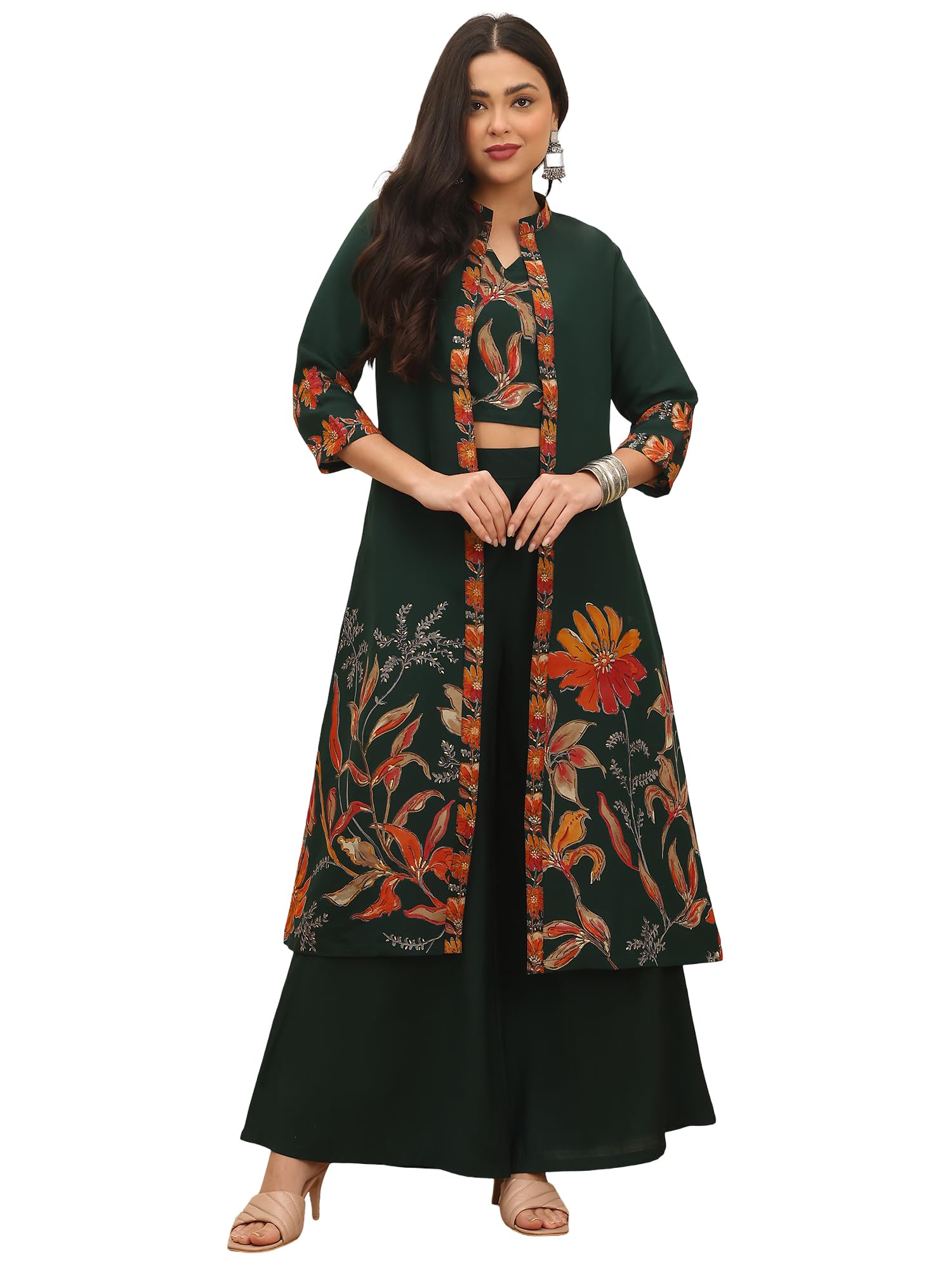 claura Maroon Floral Printed Co-ords Set with Long Jacket and Palazzo Pants, Traditional Indian Ethnic Wear-picture-48