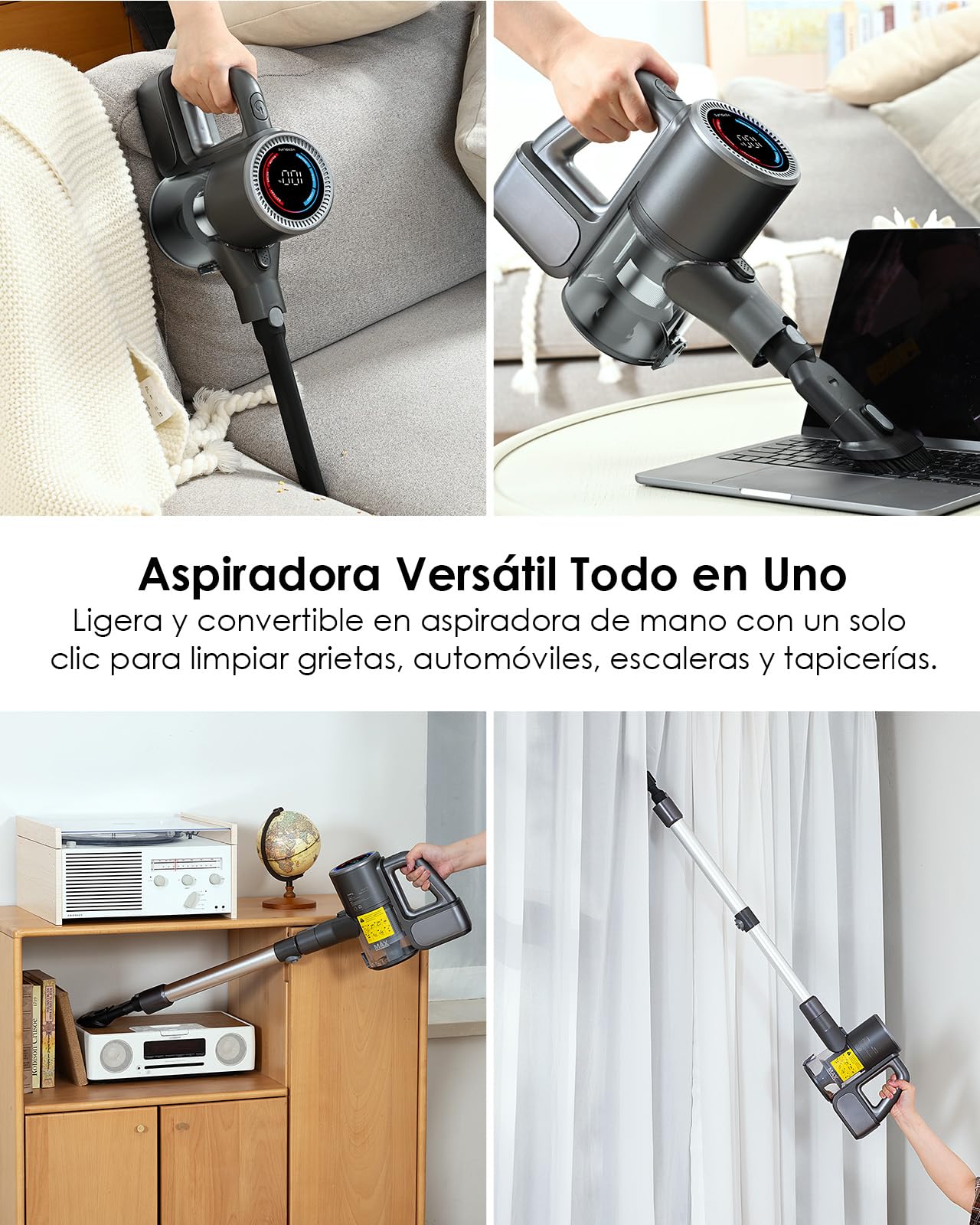 Aspiradora sin Cable, 500W/40KPA Aspiradora de Escoba con 45 Min de Autonomía, Pantalla LED, Luz Verde, Filtración de 6 Etapas, Diseño Autoportante para Suelos Duros, Alfombras y Pelo de Mascotas