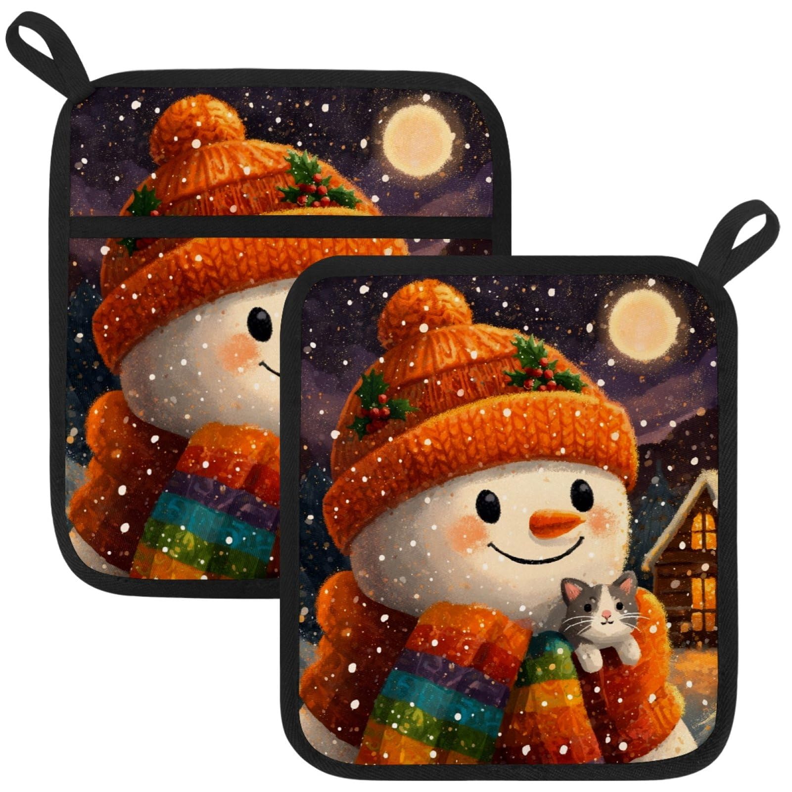 VAPOKF Snowmen Pot Holders with Pocket for Kitchen Heat Resistant Potholders Large Polyester-Cotton Square Oven Mitts Set