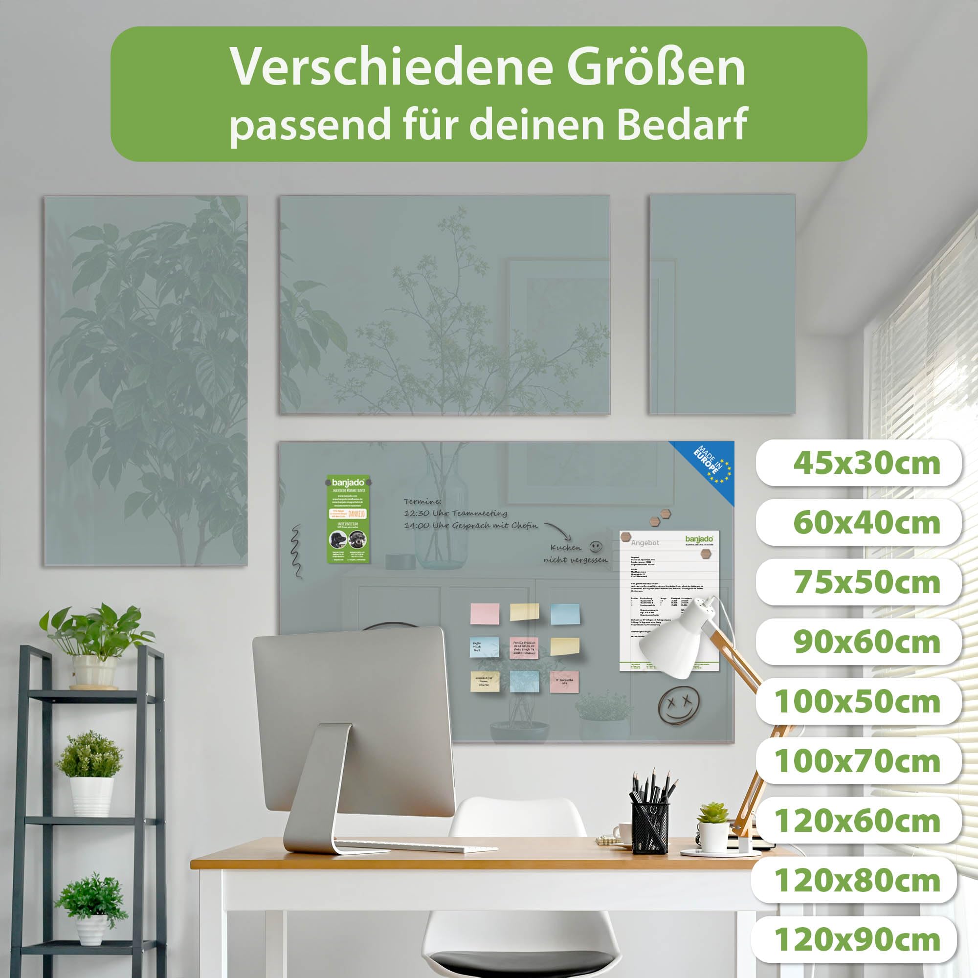 banjado Glas Magnettafel (120 x 80cm) - Magnetwand Glas - Magnetpinnwand als Memoboard - Pinnwand Magnettafel Küche, Büro, Kinderzimmer - Grau
