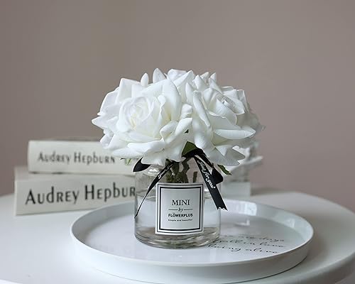 Miniatura 6 de Flores artificiales con rosas blancas en jarrón, flores falsas en tarro de cristal con cinta, arreglos florales de seda en jarrón con flores