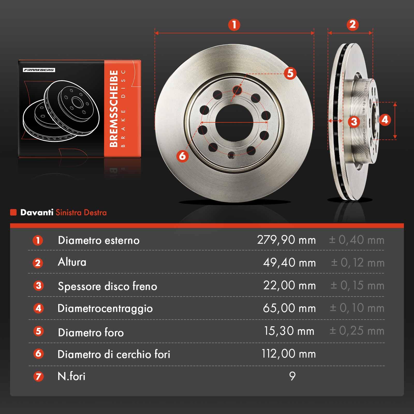 Frankberg Set di dischi freno incl. 2x Dischi Freno Anteriore Ventilato Diametro 280mm Compatibile con A3 8P1 Leon 1P1 A3 Sportback 8PA Golf Plus 521 5M1 Replace# 5C0615301,1K0615301AC