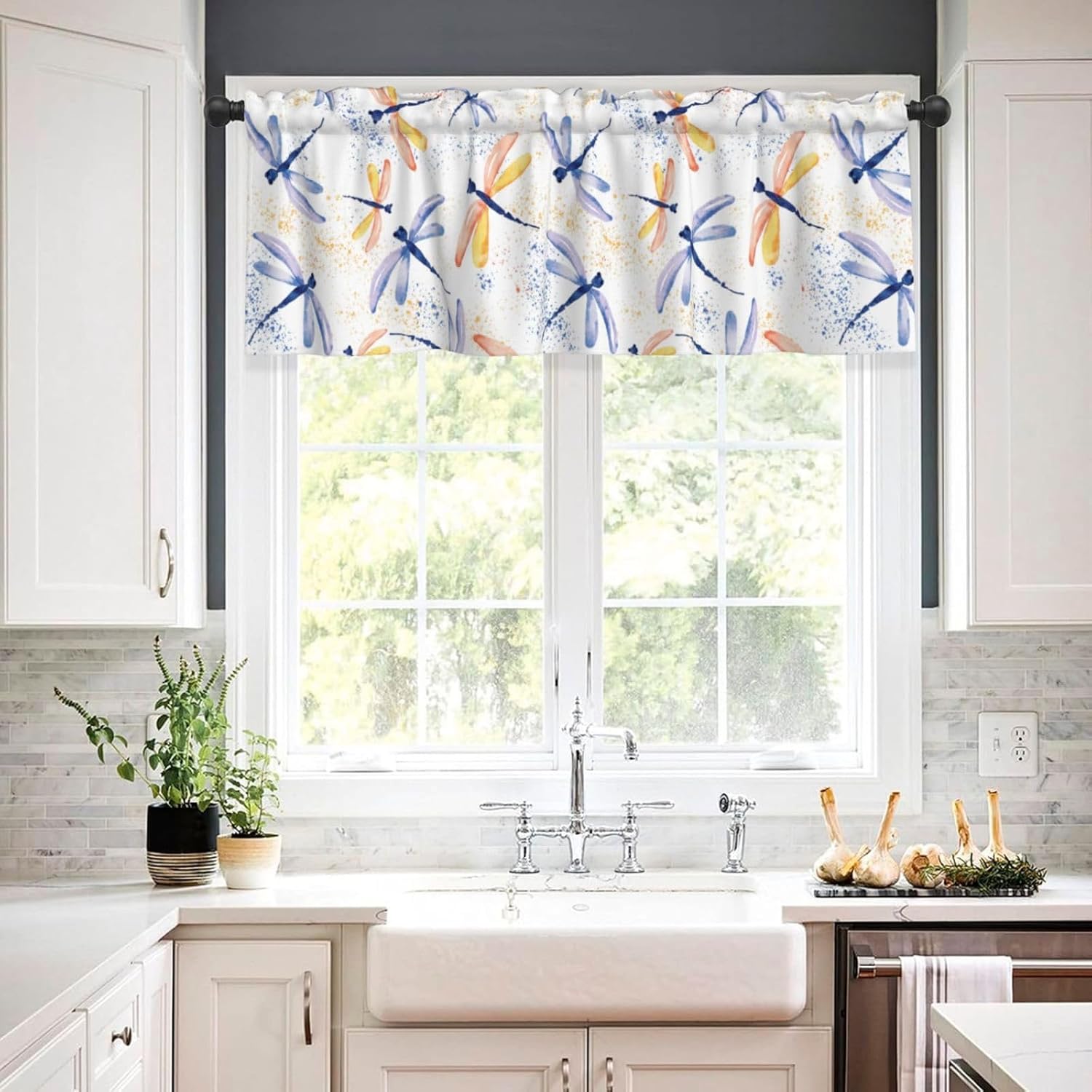Valance for Windows Colorful Dragonfly Watercolor Kitchen Curtains Valances Rod Pocket Window Treatment Short Topper Curtains 1 Panel, 54x18inch