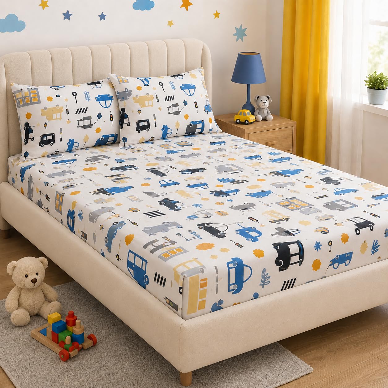 100% Cotton Kids Double Bedsheet with 2 Pillow Covers | Car Print Bedsheet for Kids Room | Soft Breathable Cotton Bed Sheet Set | Double Bed Size-image-48