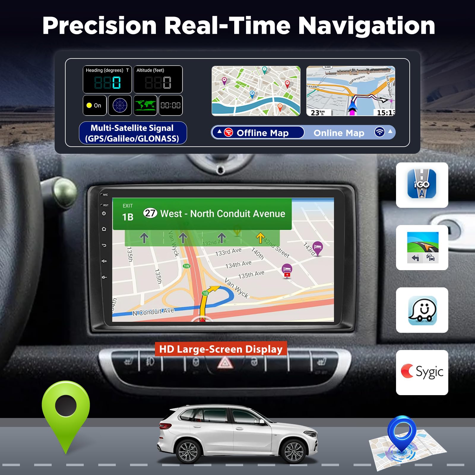 Autoradio Android pour Mercedes Benz Smart Fortwo 2005-2010, Écran Tactile 9 Pouces avec Wireless CarPlay & Android Auto, GPS Navigation WiFi Bluetooth FM RDS, Son DSP, Caméra de Recul AHD