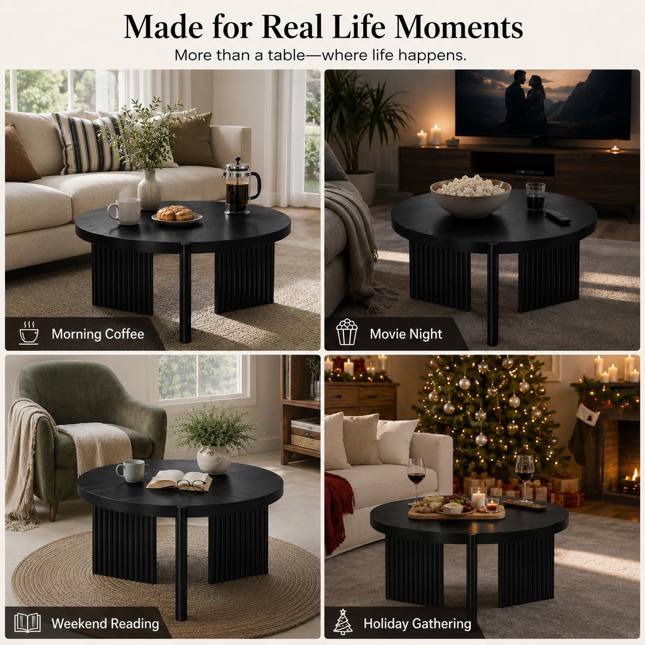 Luoxiao Round Coffee Table, 27.5" Fluted Coffee Tables for Living Room | Small Circle Accent Table for Apartment, Sturdy Ribbed Base, Rounded Edges, Thick Tabletop, Easy Assembly, Modern, Black