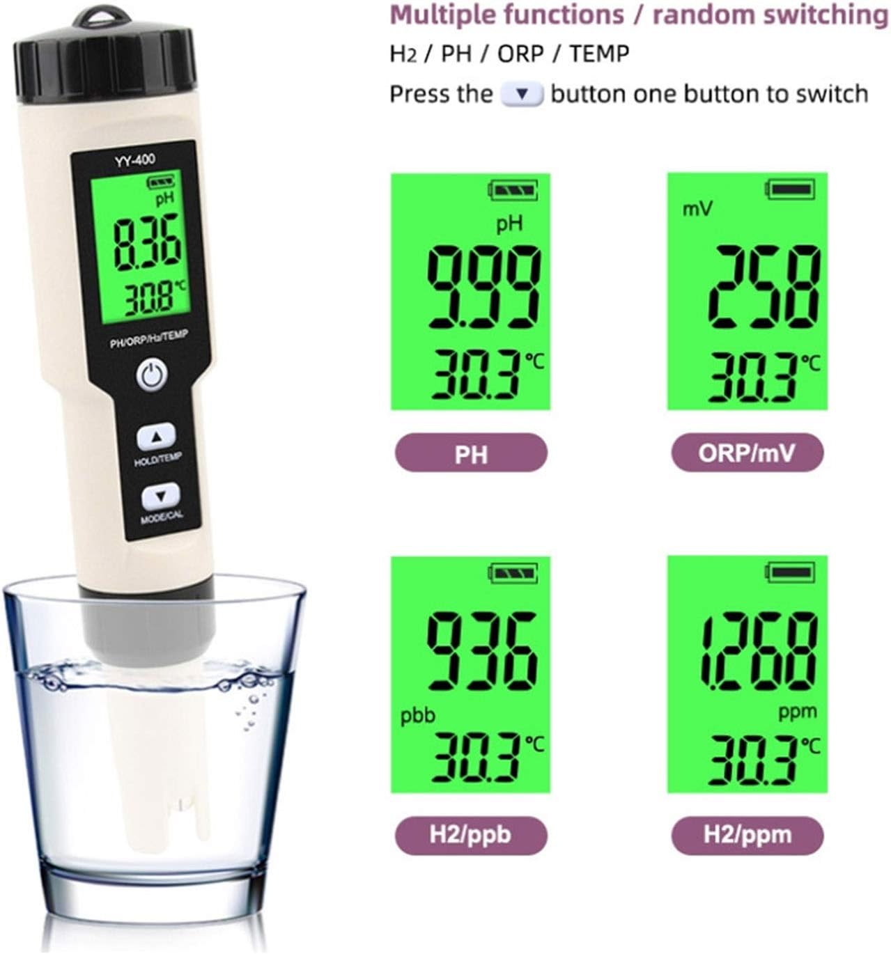Water Quality Monitor Test Pen, Portable 4 in 1 PH ORP H2 Temperature Tester for Test Water, Swimming Pools, Spas, Hydroponics, Food, Wine and Beer