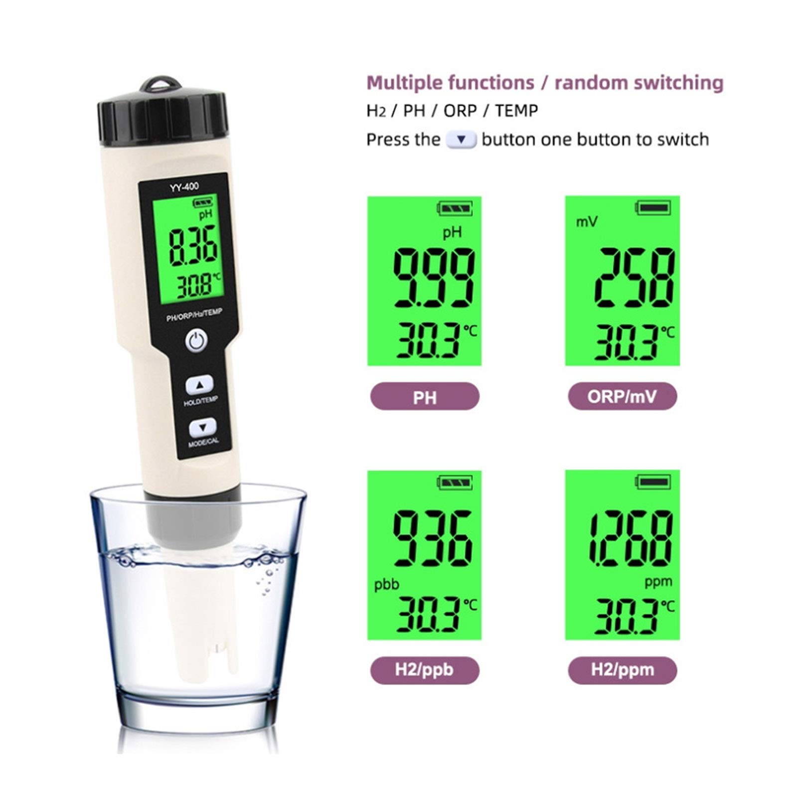 Testeur multifonctionnel de moniteur de qualité de l'eau, testeur de température portable 4 en 1 PH ORP H2, affichage numérique LCD, testeur d'eau idéal pour piscine/eau