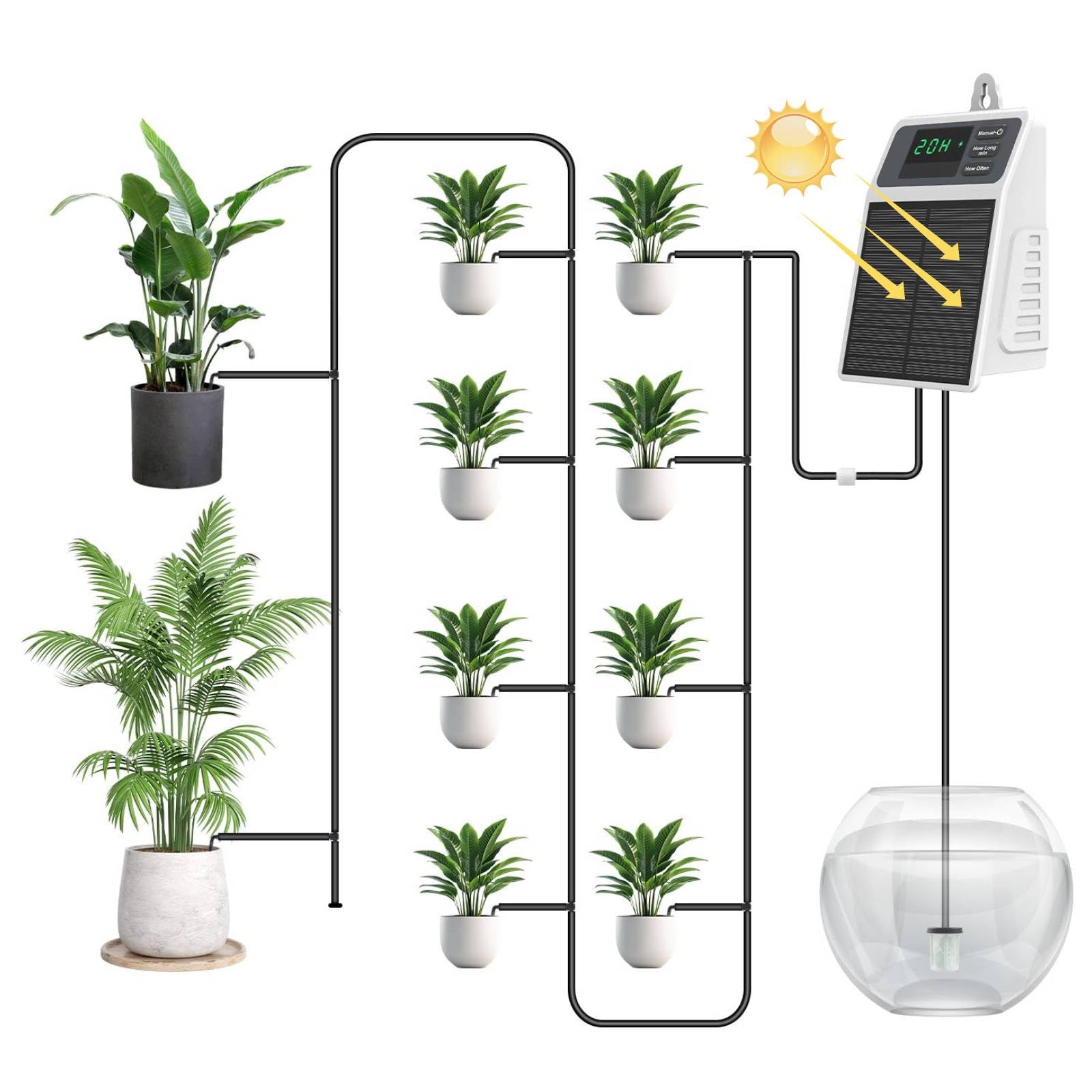 Uzoli SOP17 Sistema de riego solar para jardín con batería de 2200 mAh | Riego por goteo con tubo de 10 m, Riego automático para balcón, bancal elevado, invernadero y plantas en maceta, IPX5