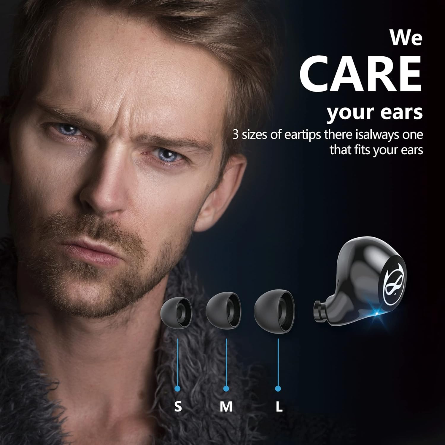 Earbud with three sizes of eartips (S, M, L)