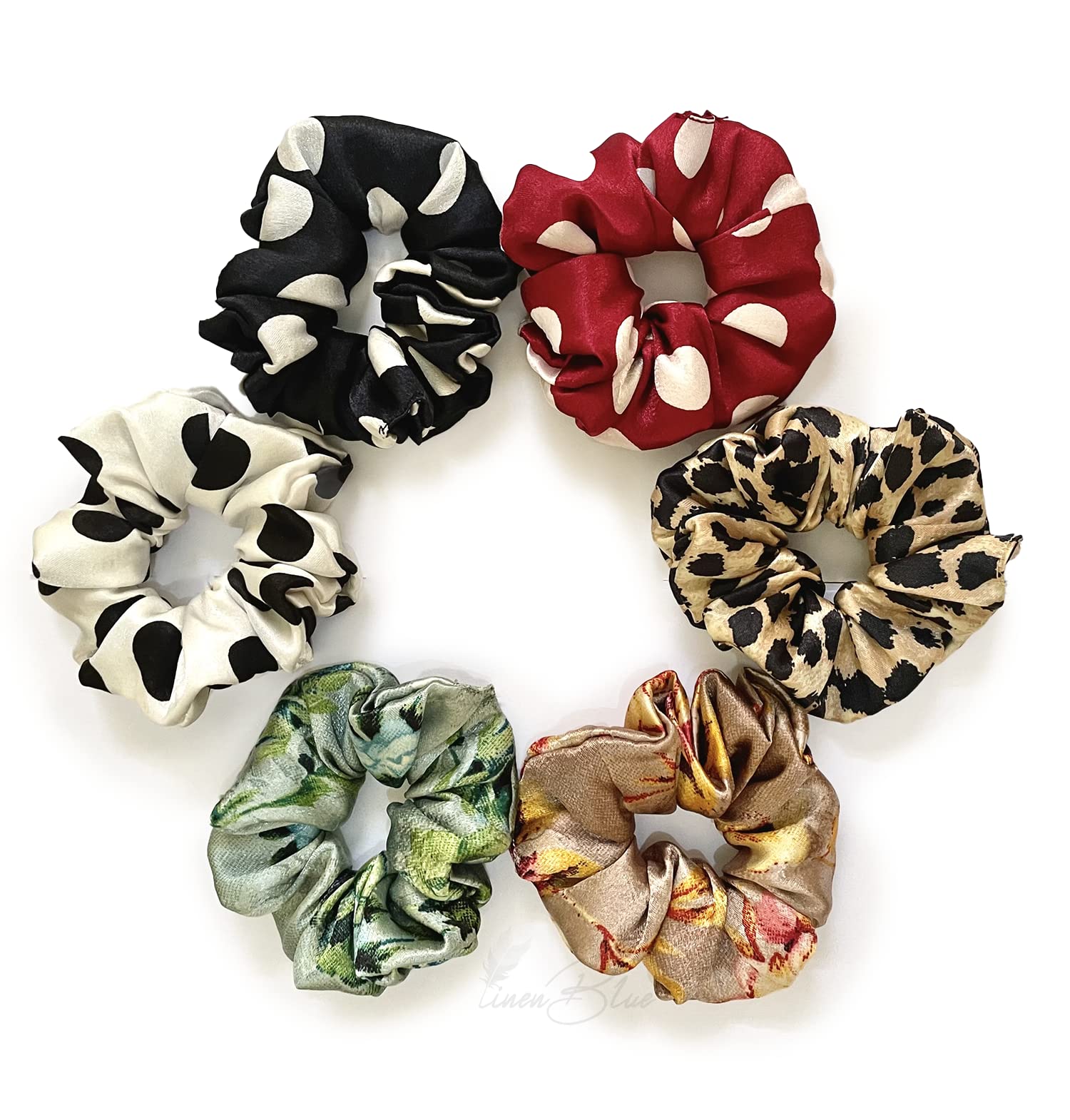 LinenBlue ® High TC Satin Silk Hair Scrunchies for Women/Girls (6 Printed Scrunchies)