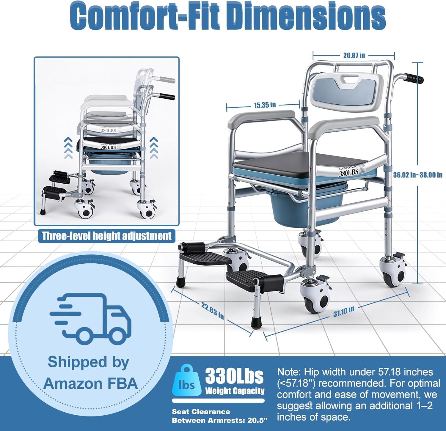 4-in-1 Rolling Bedside Commode & Adjustable Raised Toilet Seat, Mobile Shower Chair with Handles for Elderly, Disabled & Pregnant, 380 lbs Capacity