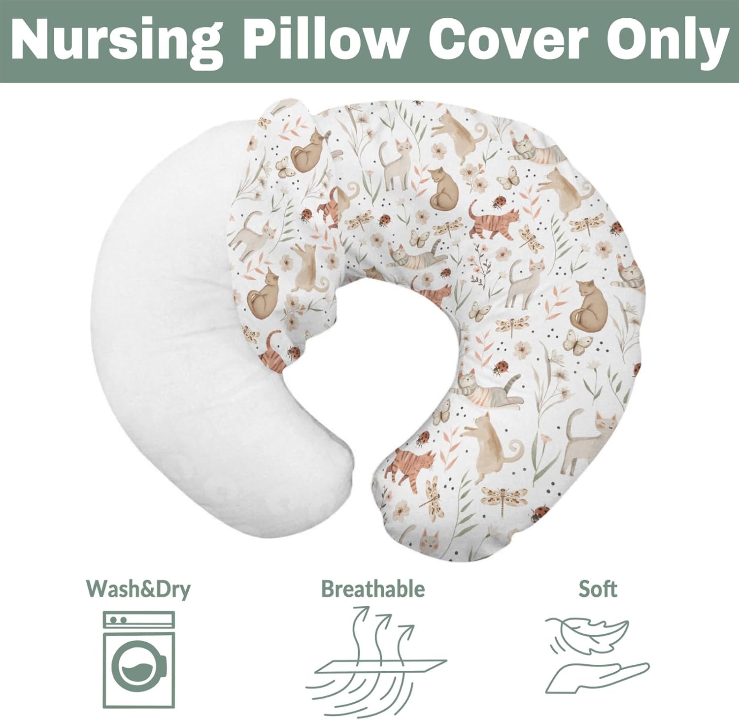 Cute Cat Boho Floral Leaves Baby Nursing Pillow Covers for Boy Girl Kittens Meadow Butterflies Nursery Pillowcase for Breastfeeding Pillows Cats Lover Gift Soft Stretchy Slipcovers for Newborn Infant Boho Cat One size image 7 of 9 B0FC6DHL1W