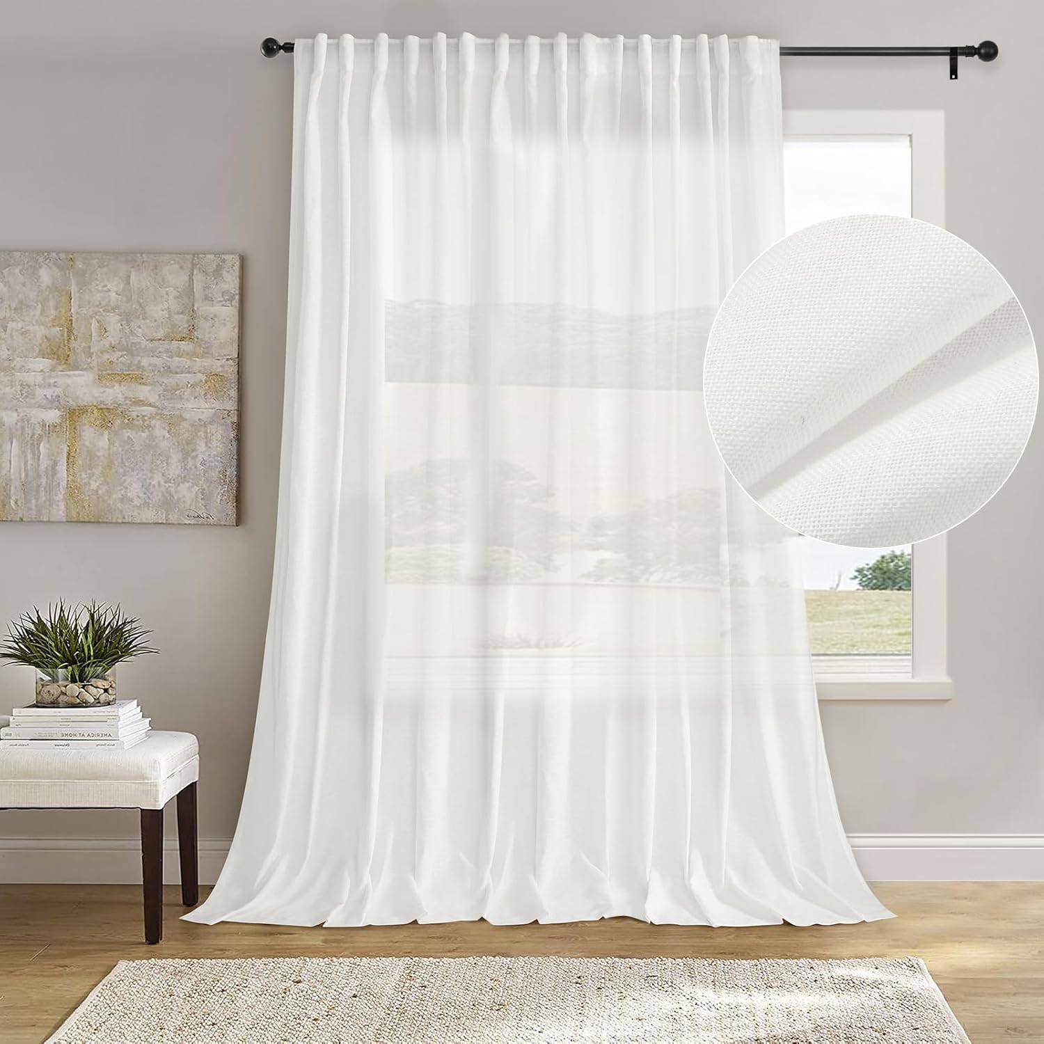 dreaming casa white linen blend semi sheer curtains 84 inches long, light filtering curtains sheer rod pocket & back tab, soft window privacy drapes living room bedroom, 1 panel, each w100 x l84 100"w x 84"l (pack of 1) white