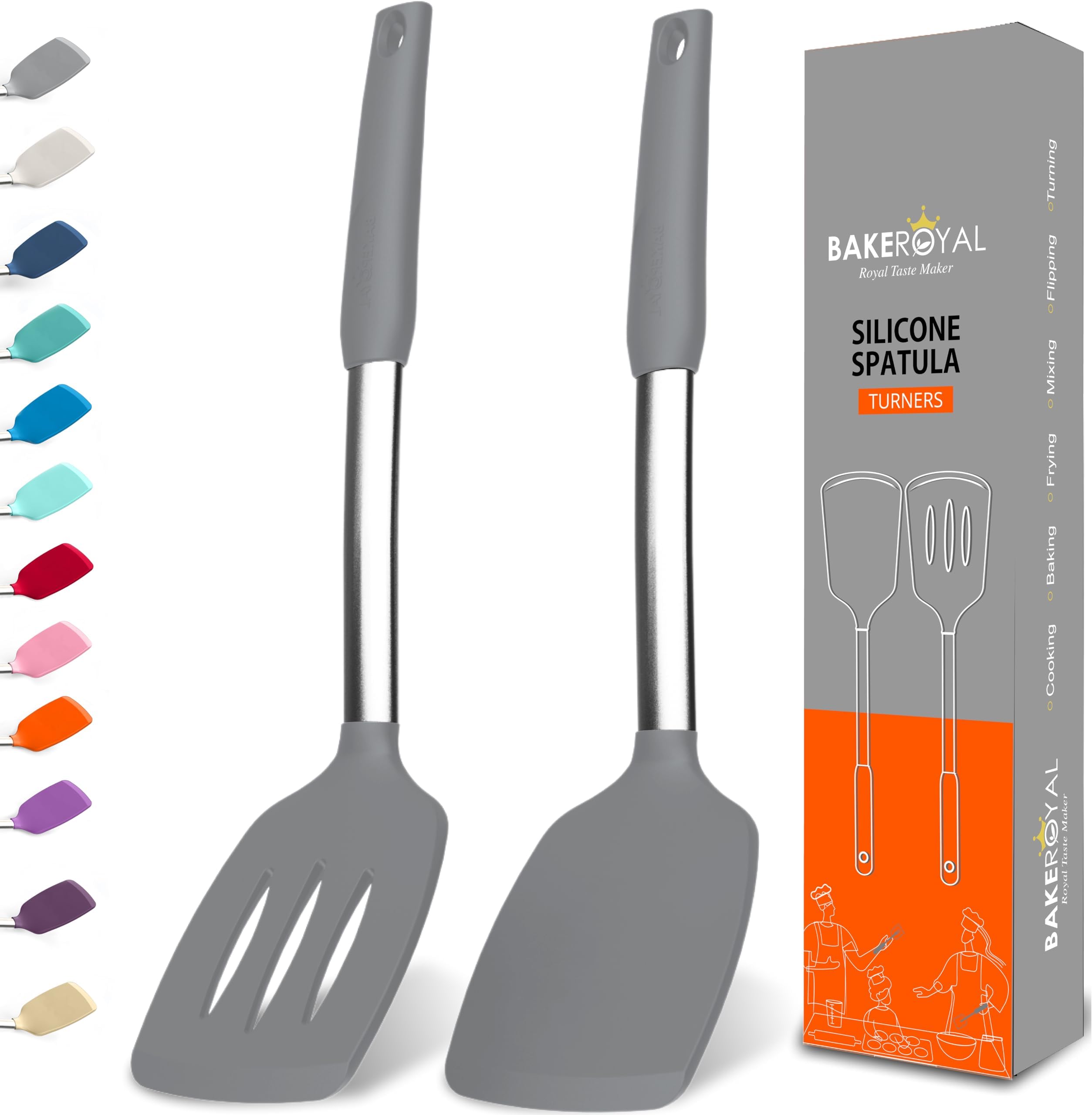 BakeRoyal Silicone Spatula Set - Turner Spatulas Silicone Heat Resistant 600°F - Slotted & Solid Spatula for Cooking Fish, Eggs, Pancakes Flipper – Spatulas for kitchen use – Gray