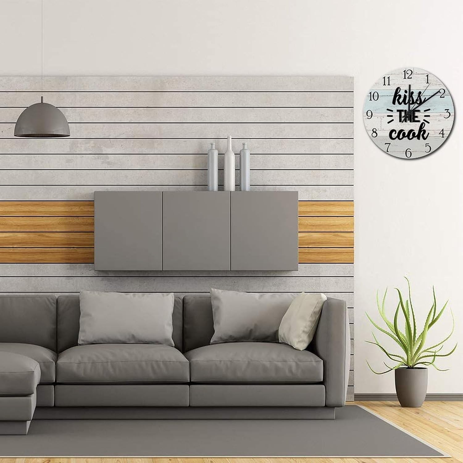 Wood Wall Clock Kiss The Cook Hanging Clocks Quotes Round Clock 15in Battery Operated Country Frameless Clocks for Living Room Bedroom Nursery Office