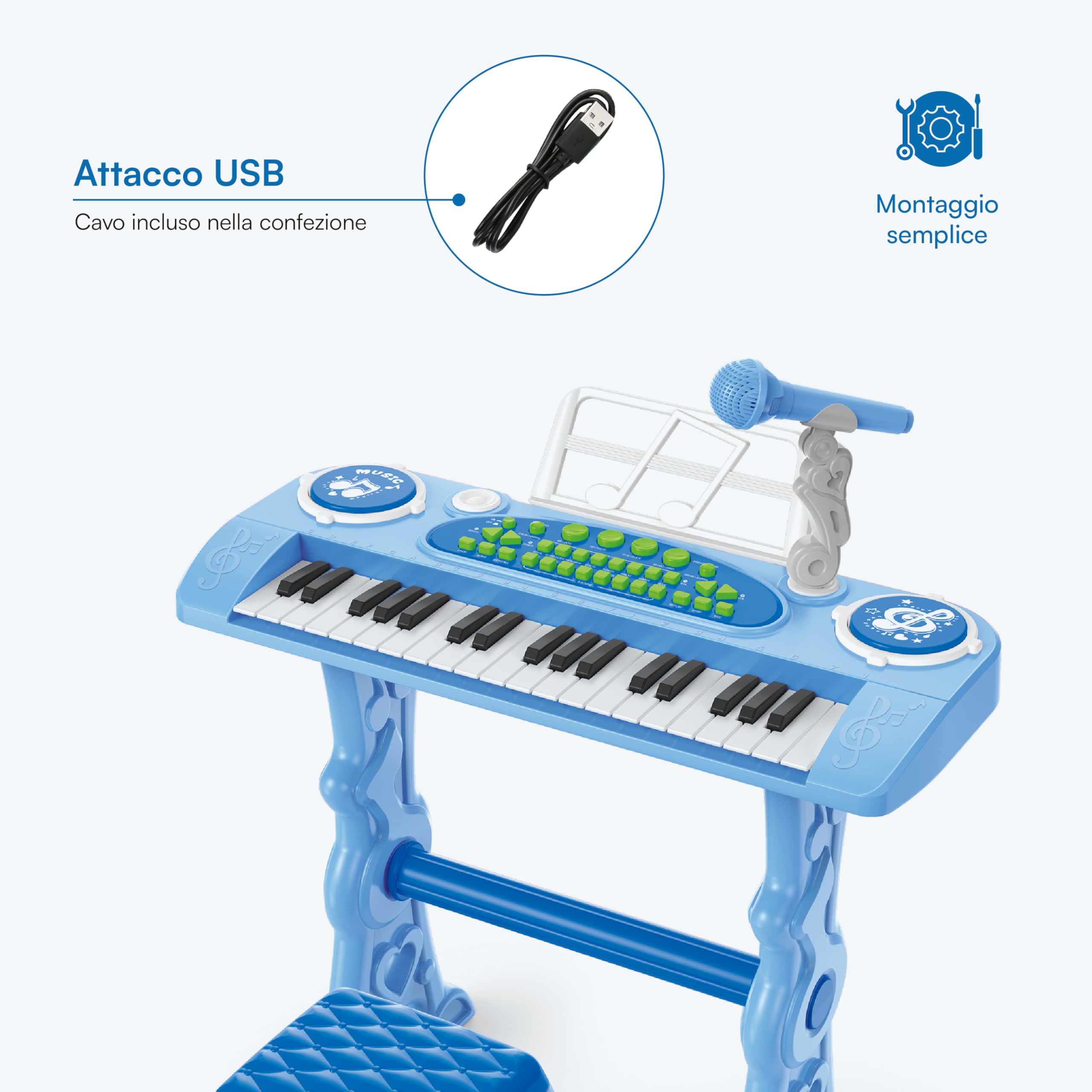 Baroni Toys Tastiera Elettronica con Sgabello per Bambini 3+ Anni con Microfono, Pianola Musicale con Melodie e Suoni Educativi, Tastiera 37 Tasti con Sedia Azzurra, 48x20x53cm