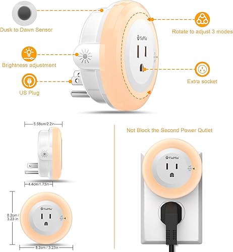 Miniatura 6 de YiaMia Luces nocturnas que se enchufan a la pared, luz nocturna con sensor de atardecer a amanecer con toma, luz cálida regulable  5-25 lúmenes,